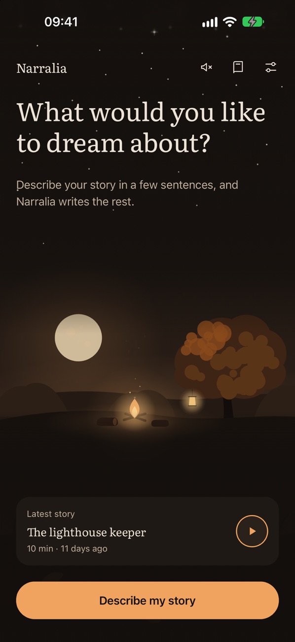 Narralia’s home screen, under a night sky