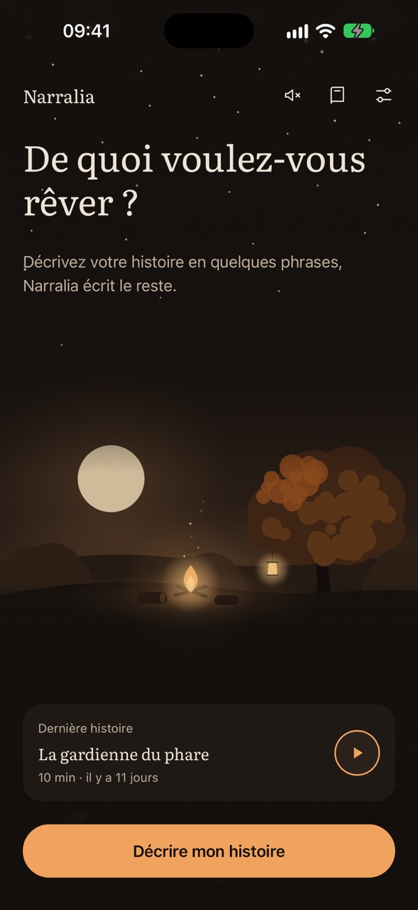 L’écran d’accueil de Narralia, sur un ciel de nuit